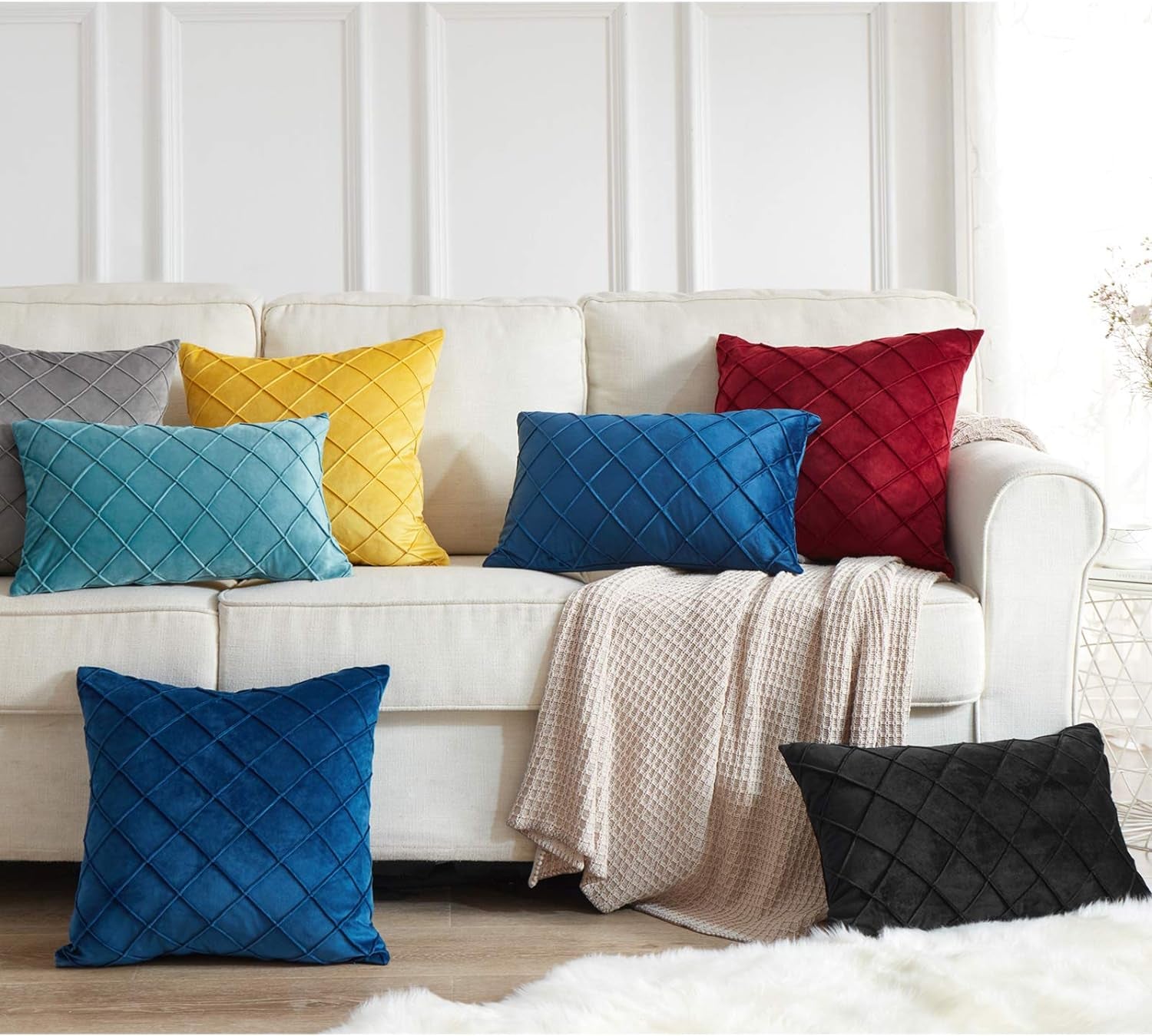 Pack of 2 Velvet Throw Pillows Sofa Decorative Throw Pillow Covers 20X20 Soft Solid Cushion Case for Bedroom Car Outdoors Yellow