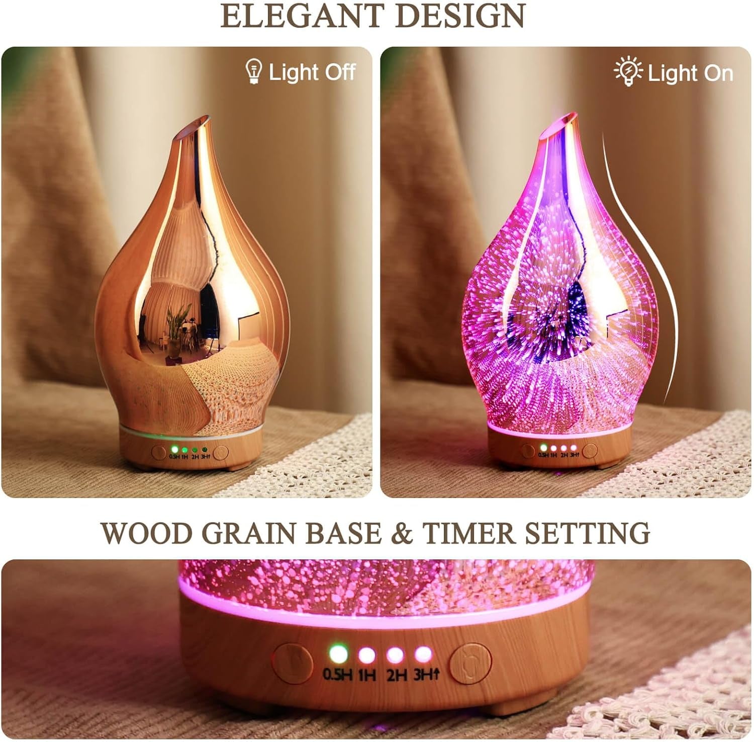 Essential Oil Diffuser 3D Firework Glass Aromatherapy Ultrasonic Humidifier Rose Gold, Auto Shut-Off, Timer Setting, BPA Free, Aroma Decoration for Home, Office, Gym, Spa, Premium Gift 150Ml